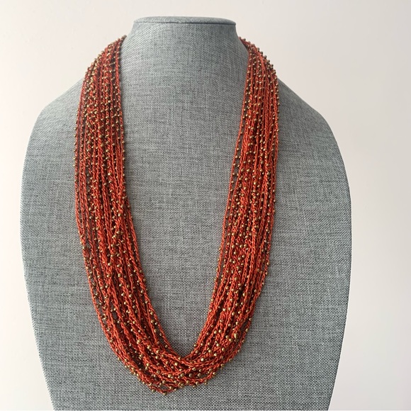 Vintage necklace made of silk cord & brass beads. Lovely Orange/red colo… - Picture 1 of 11